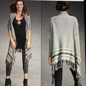 Cabi Cotton Fringe Open Cardigan Wrap Sweater Gray Boho Country Style 974 Small